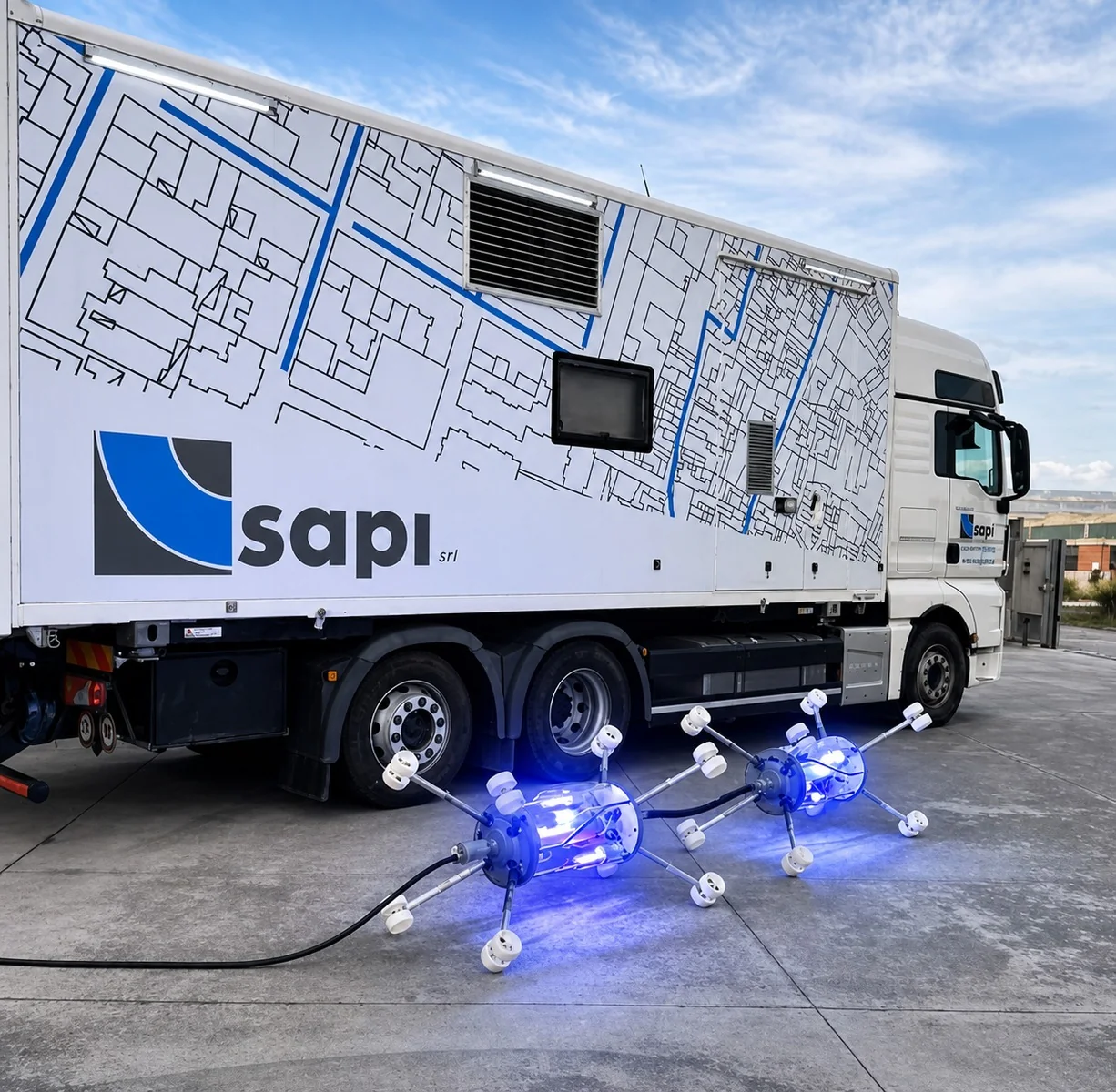Camion SAPI con due attrezzature cilindriche su ruote illuminate di blu, appoggiate sul piazzale.